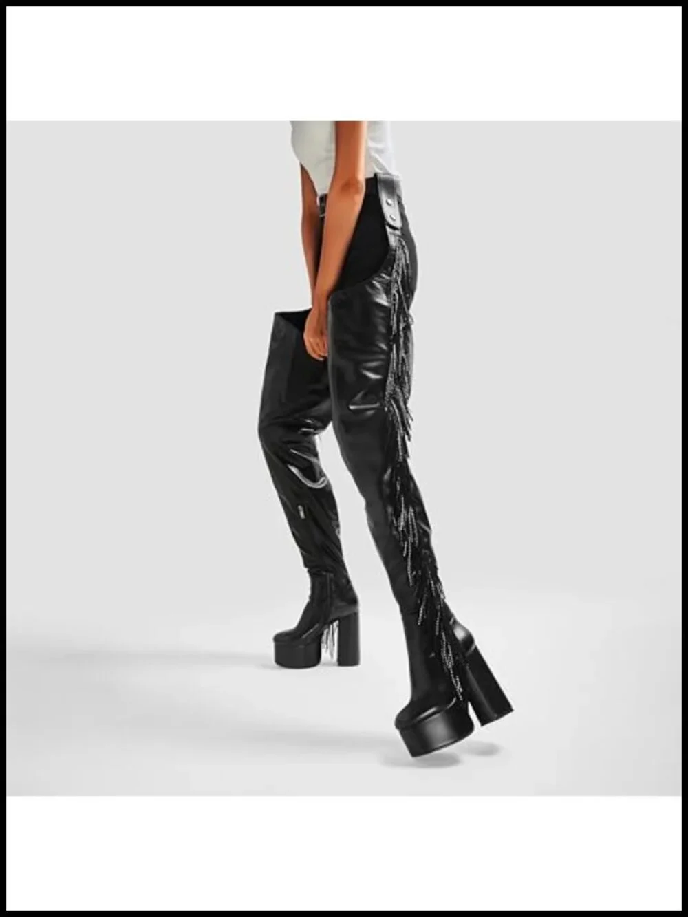 Fringe Over The Knee Platform Boots Belted Thigh High Chunky Heel Zipper